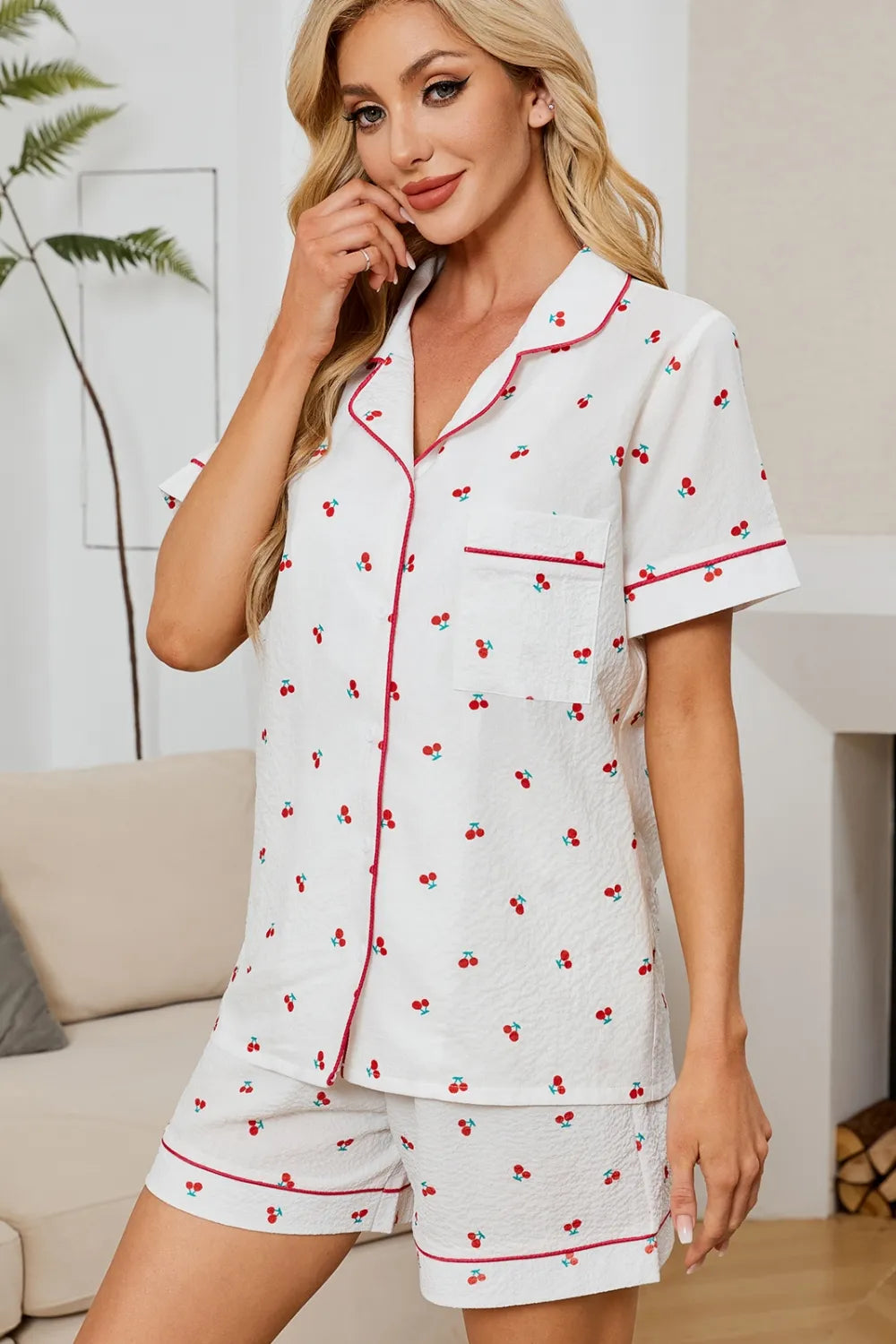 Cherry-Print Collared Top & Shorts Lounge Set: Front view of white cherry-print collared shirt and matching shorts.