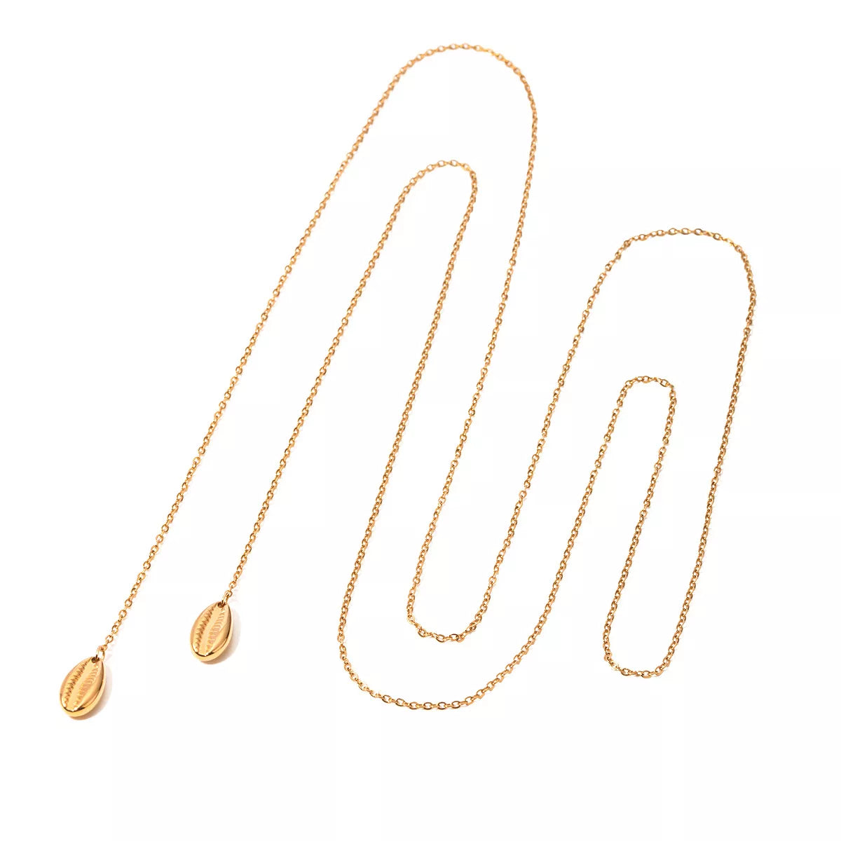 Full length of the gold Y-shaped necklace laid out on white