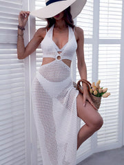 White crochet cutout cover-up dress, front view