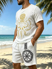 White graphic tee and shorts set shown at an angle, highlighting the octopus design.