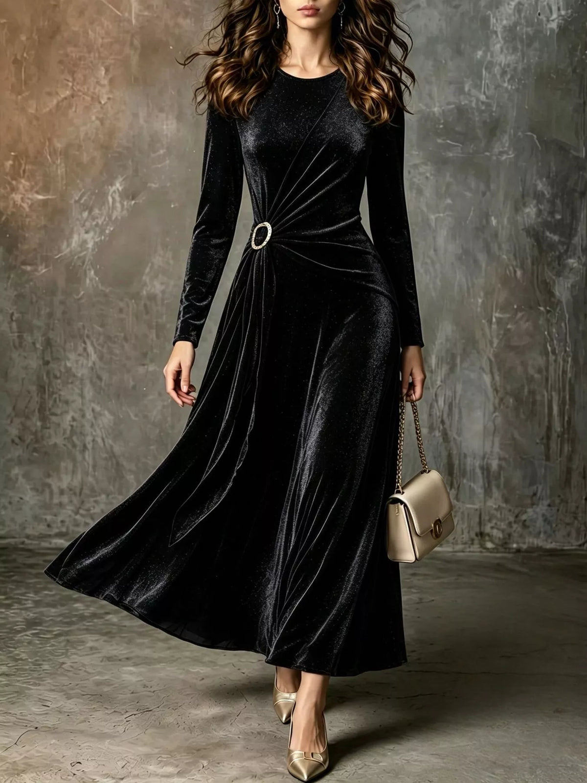 Black velvet long-sleeve maxi dress with gathered waist and ring detail
