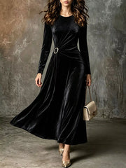 Black velvet long-sleeve maxi dress with gathered waist and ring detail