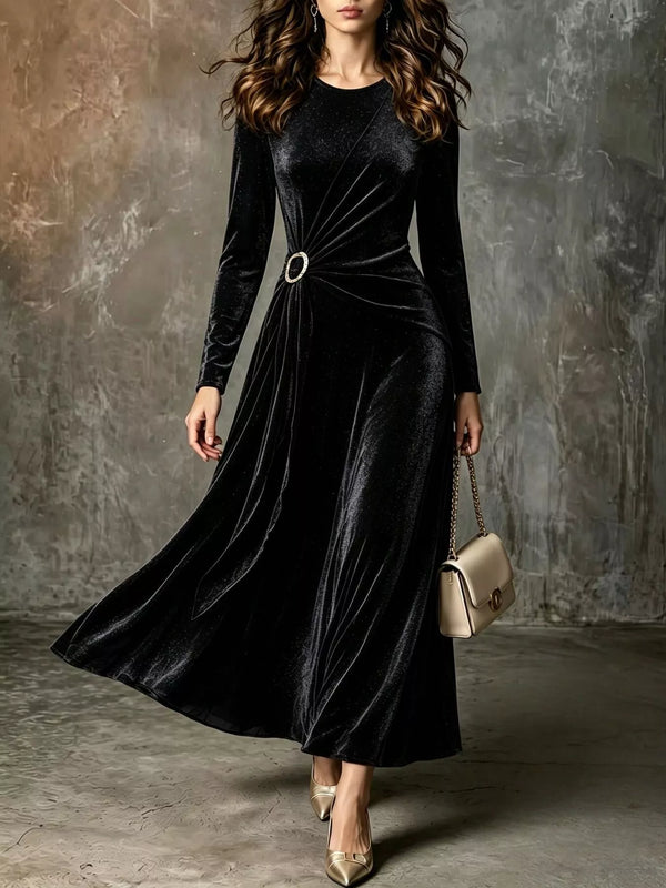 Black velvet long-sleeve maxi dress with gathered waist and ring detail