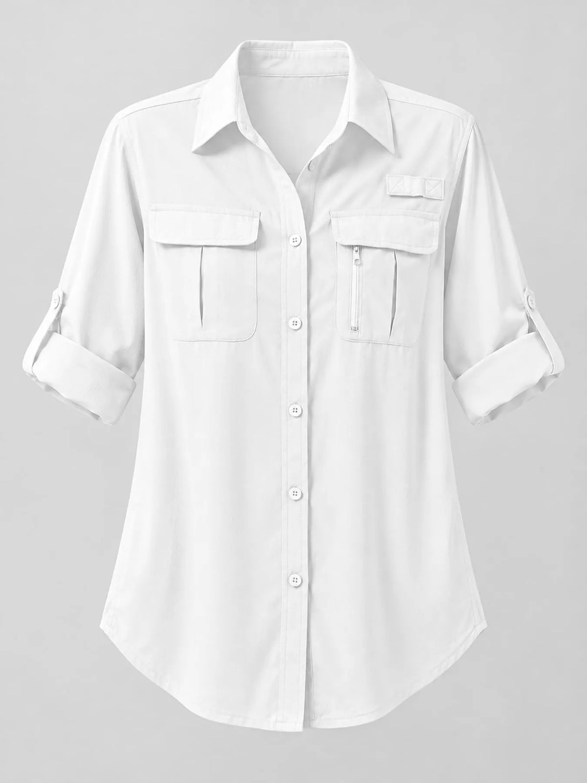 White button-down shirt laid flat with chest pocket, zip pocket and rolled sleeve details