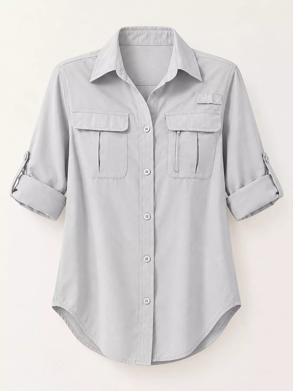 Light gray button-down shirt with chest pockets, front flat lay