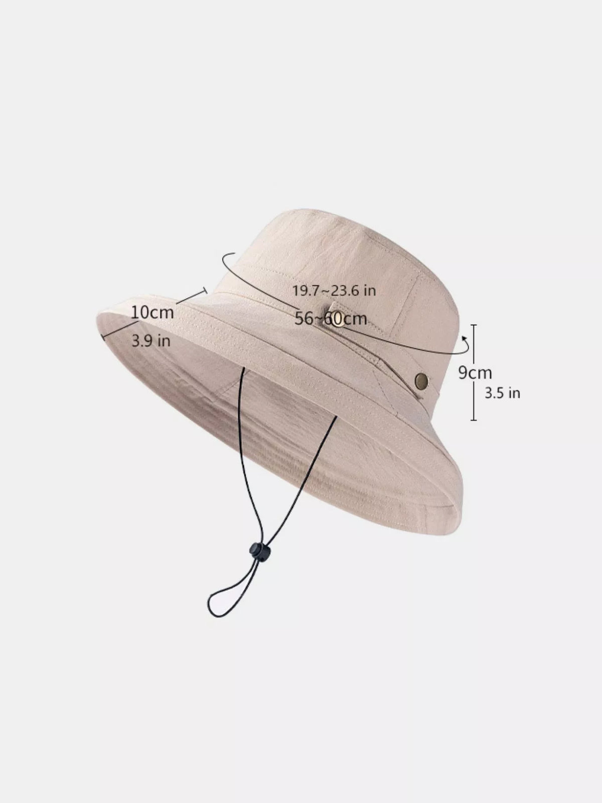 Khaki sun hat diagram showing crown height, brim length and head circumference