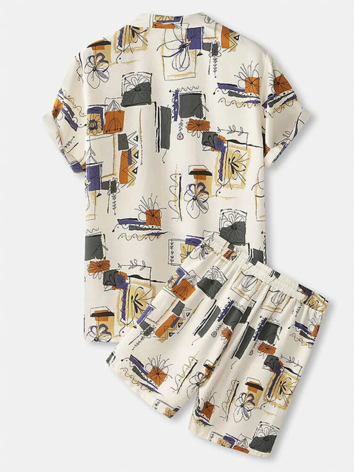 Cream abstract multicolor print shirt and shorts set, back view