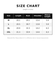 T-shirt size chart listing garment length, bust, shoulder, and sleeve length for sizes M through 2XL.