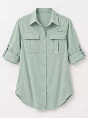 Sage green button-down shirt laid flat, front view