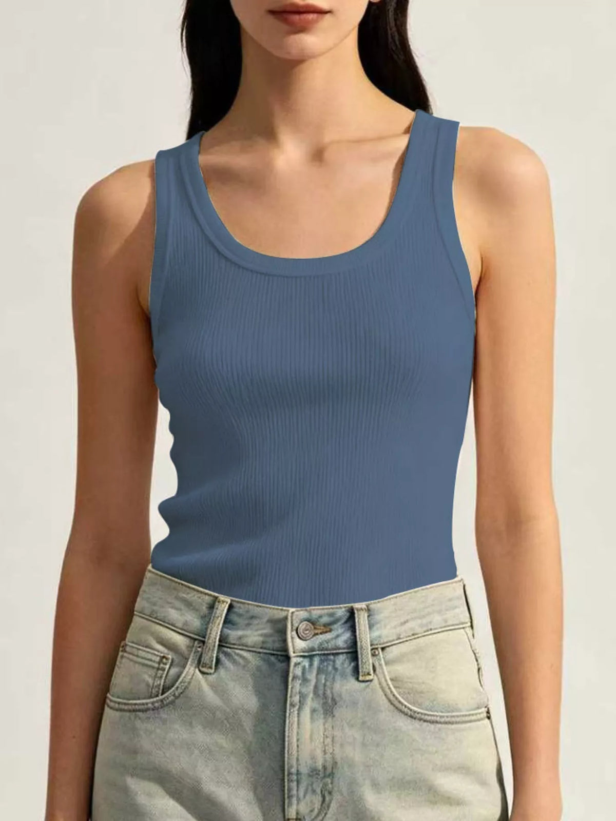 Muted blue ribbed U-neck tank front