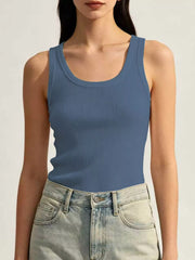 Muted blue ribbed U-neck tank front