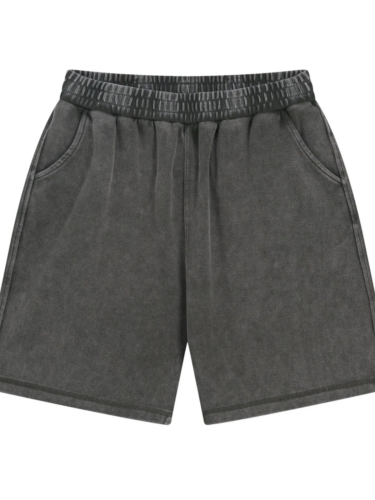Dark gray elastic-waist shorts, front view