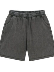 Dark gray elastic-waist shorts, front view