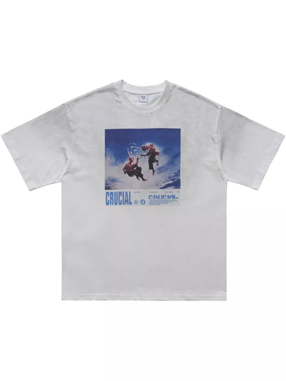 White graphic T-shirt with blue chest print, flat front view
