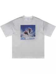 White graphic T-shirt with blue chest print, flat front view