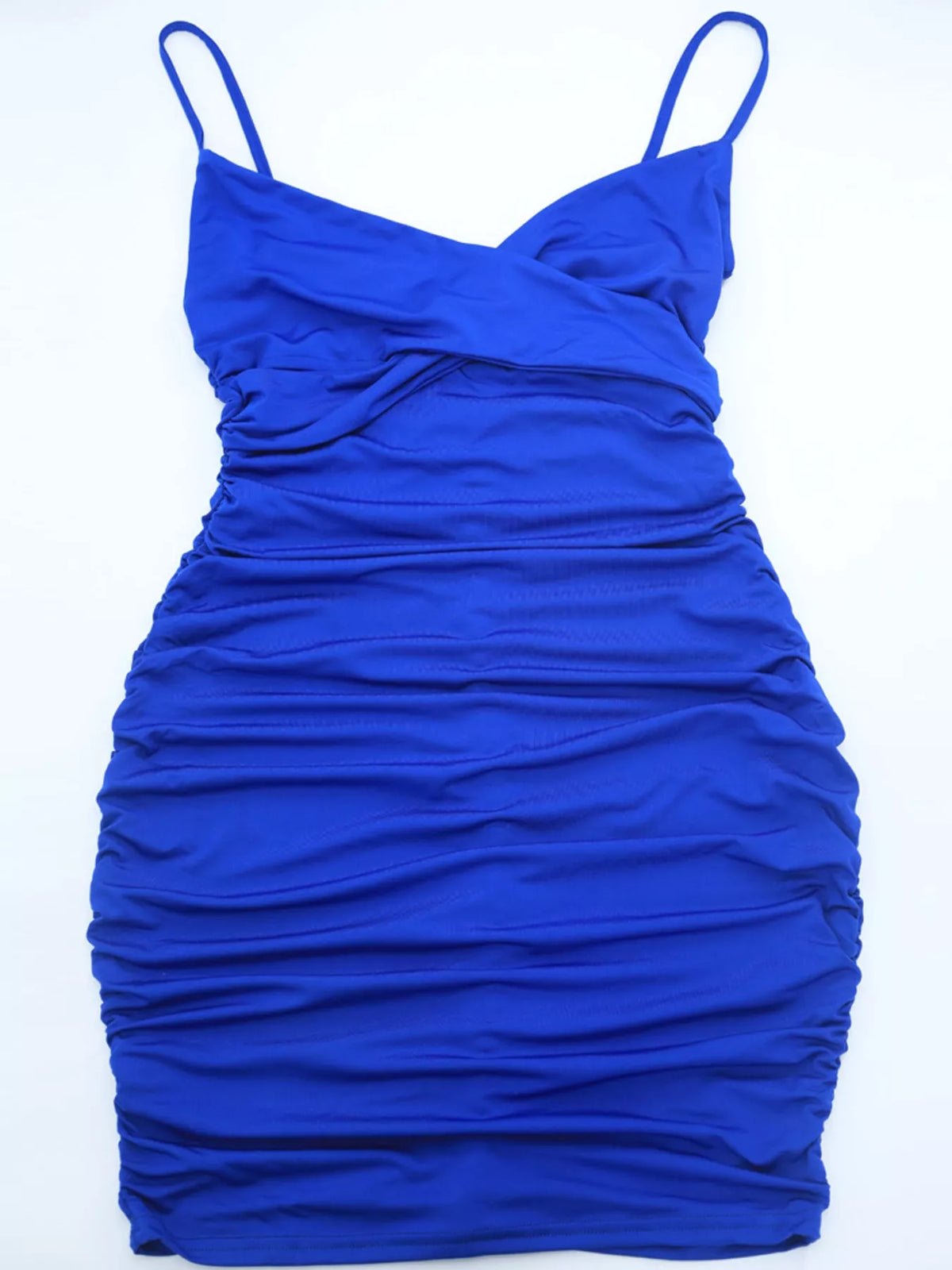 Royal-blue wrap-front ruched mini dress displayed front-facing on a mannequin.