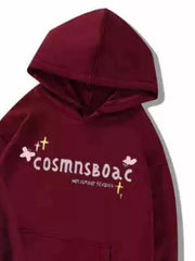 Front view of burgundy hoodie showing chest lettering, hood and kangaroo pocket