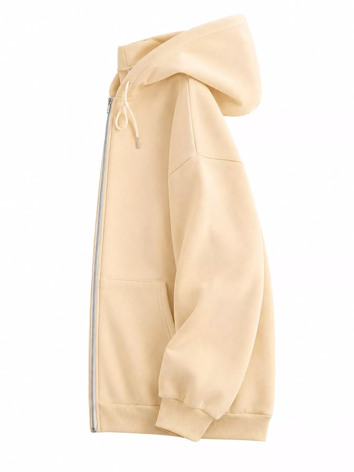 Side view of the cream hoodie showing the hood profile and roomy sleeve