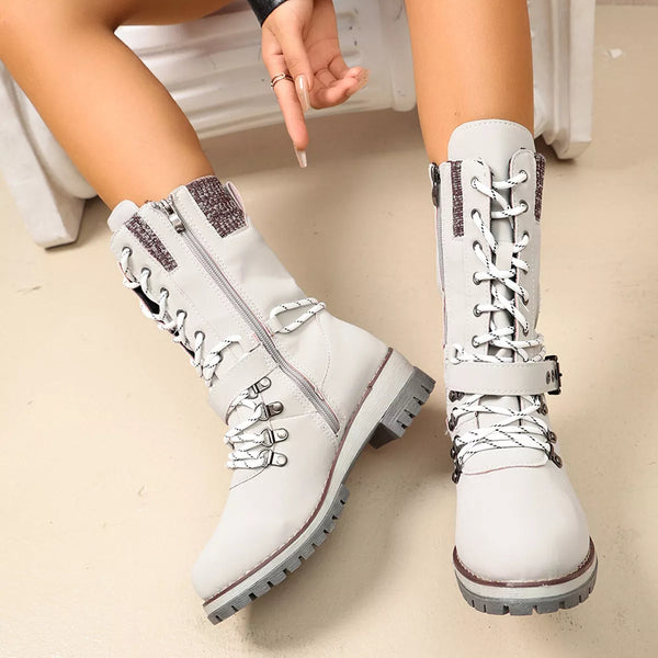 White lace-up boots shown from front and side