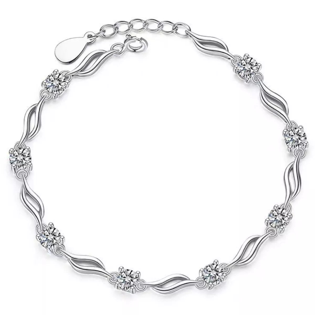 Round product view of a silver-tone bracelet with repeated wavy links and zircon flower clusters