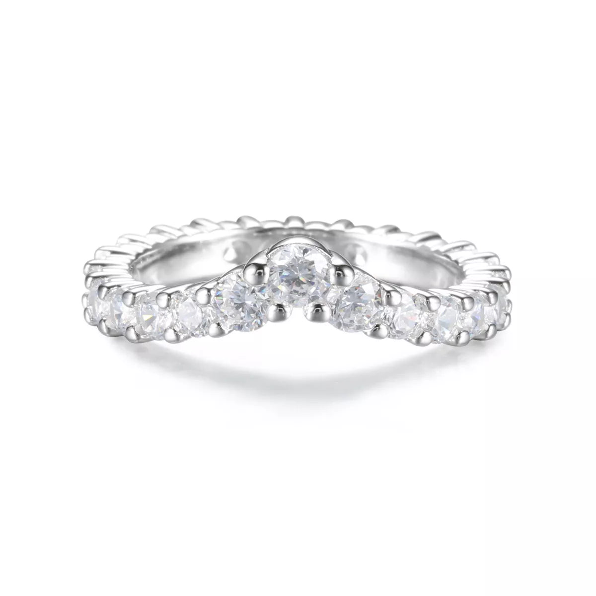 Front close-up of the V-shaped ring with a larger center stone.