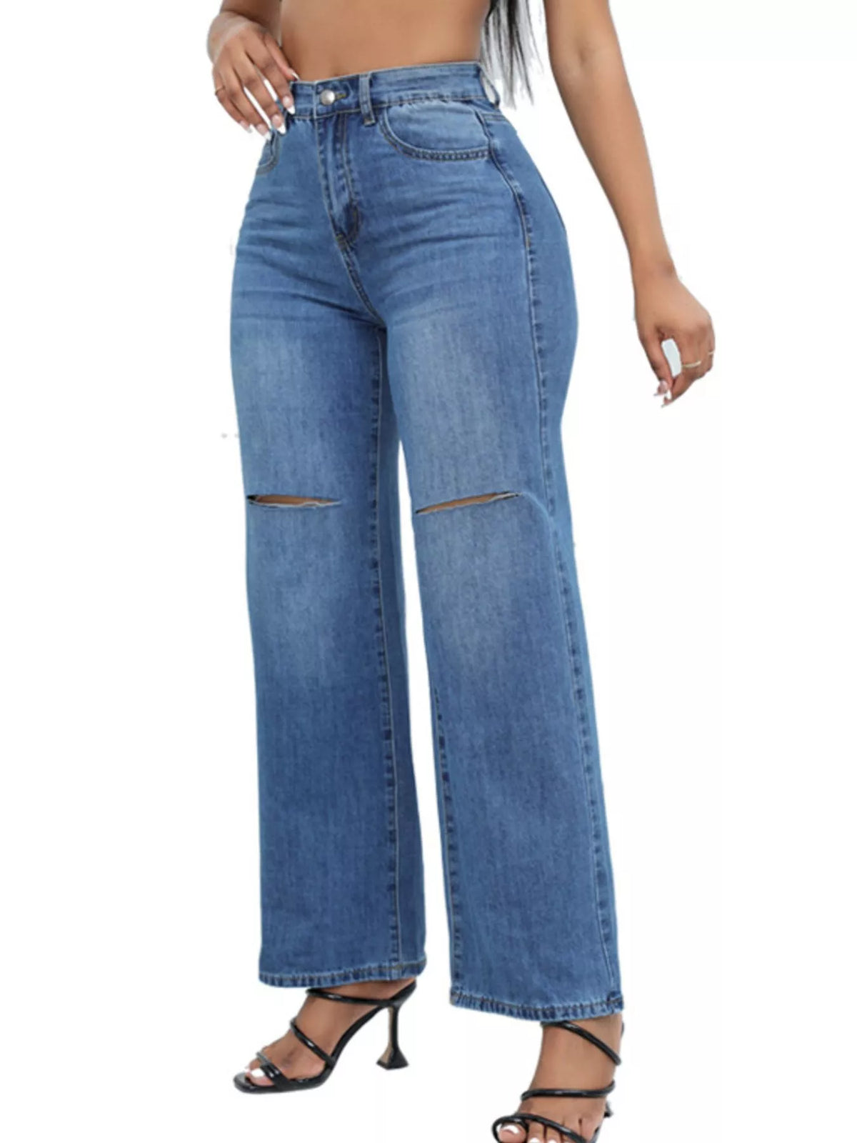 Front view of medium-blue wide-leg jeans with distressed knees