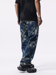 Back view of blue relaxed-fit checkerboard jeans