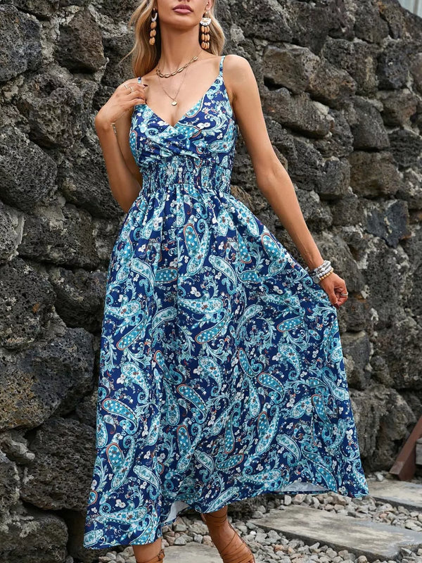 Blue paisley spaghetti-strap midi dress, front view