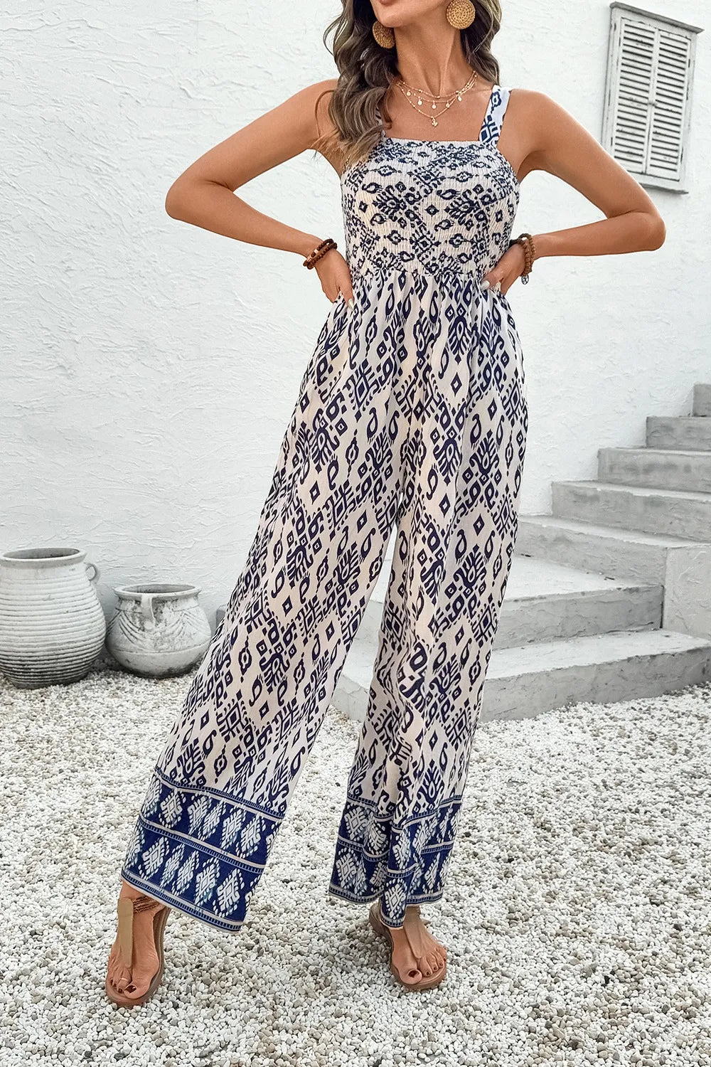 Front view showing flowing wide-leg silhouette