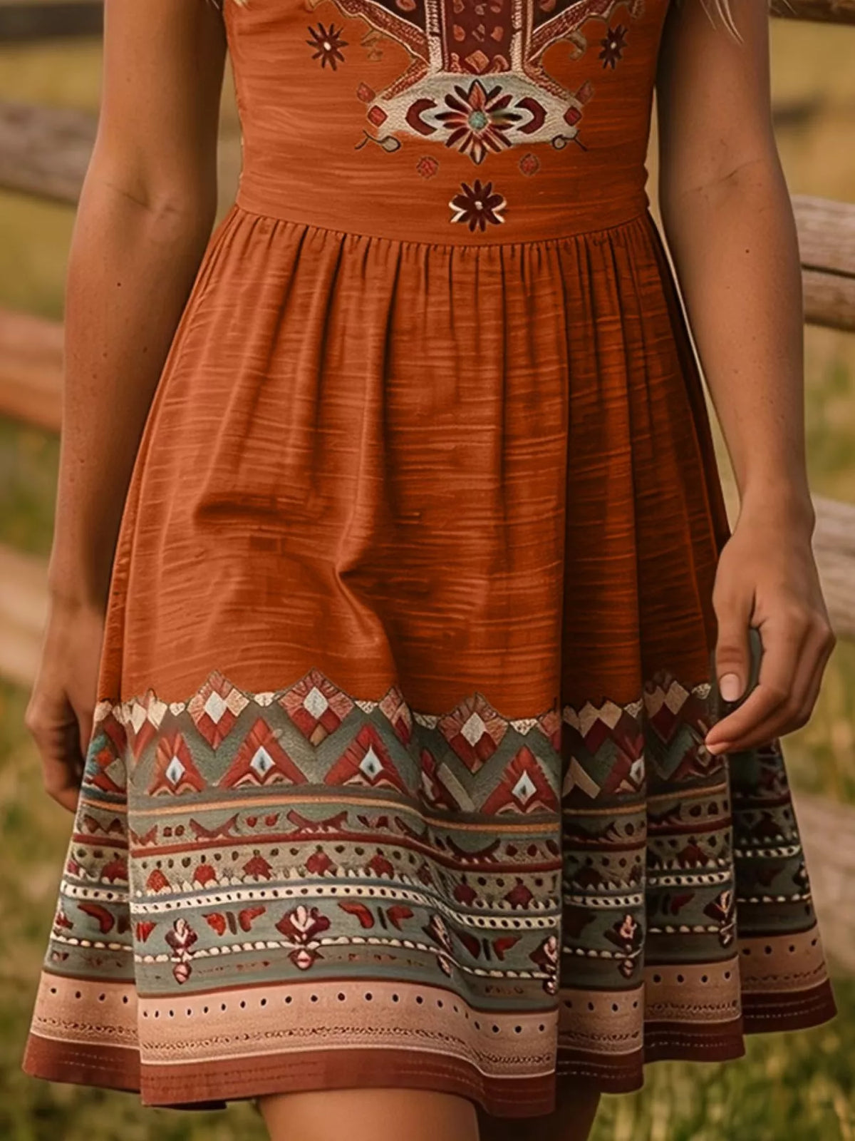 Close view of rust skirt and patterned hem