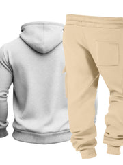 Rear product view of light grey hoodie and beige sweatpants on a white background