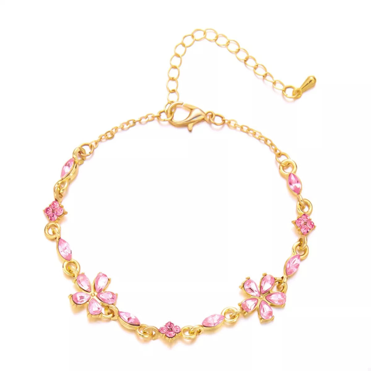 18k gold-plated rhinestone flower bracelet, close-up view