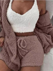 Pink fuzzy lounge set with crop top, cardigan and shorts