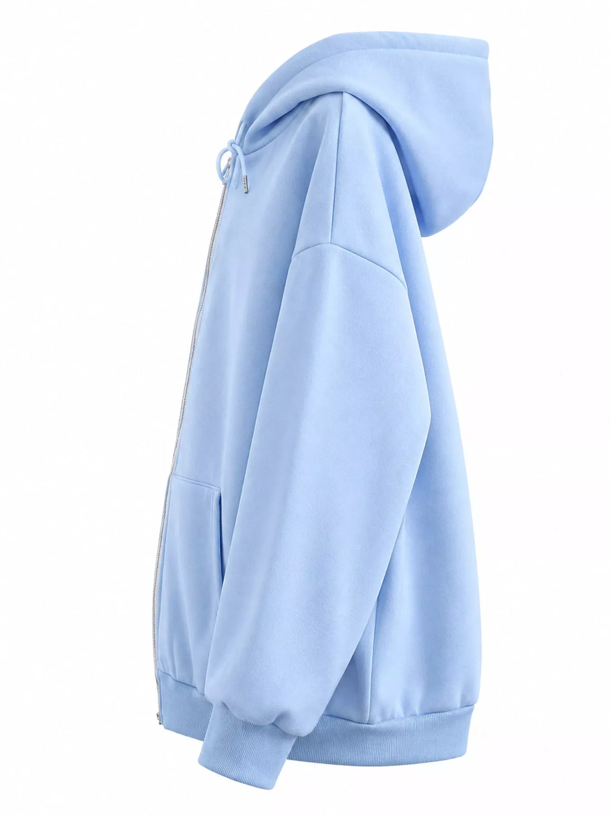 Side view of the light blue hoodie showing the hood and roomy sleeve