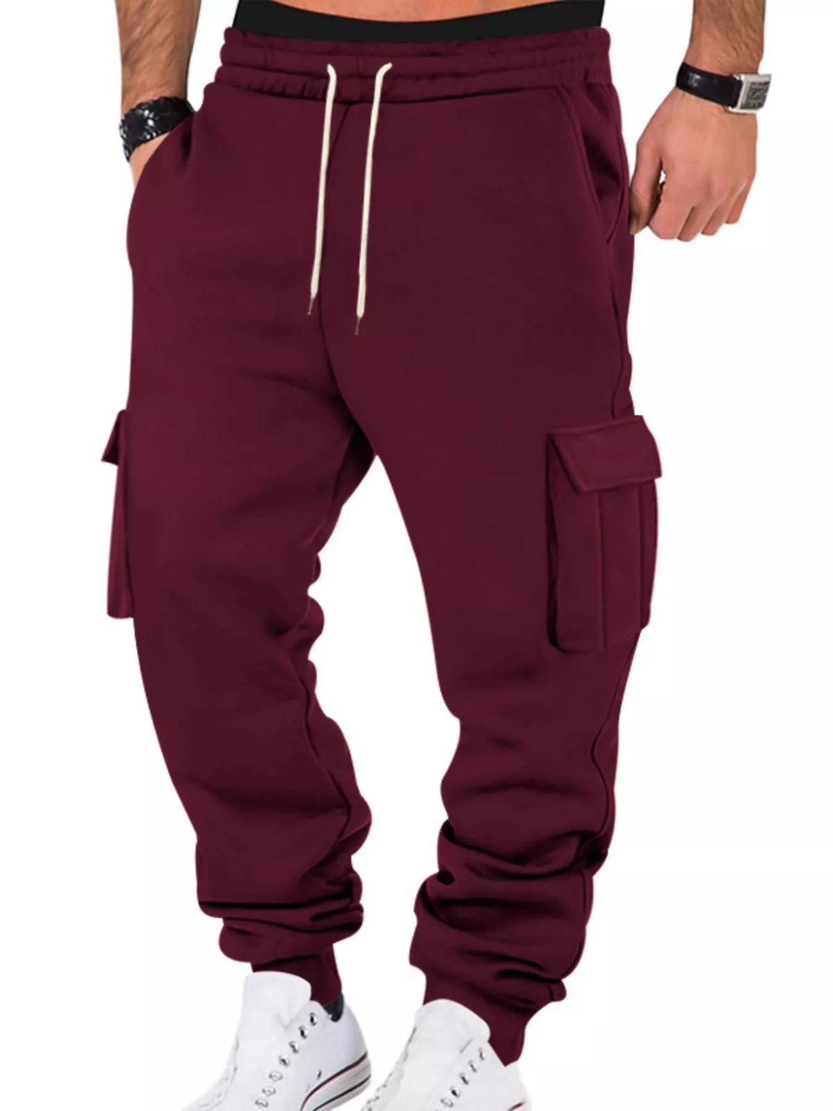 Model wearing burgundy cargo joggers, front view