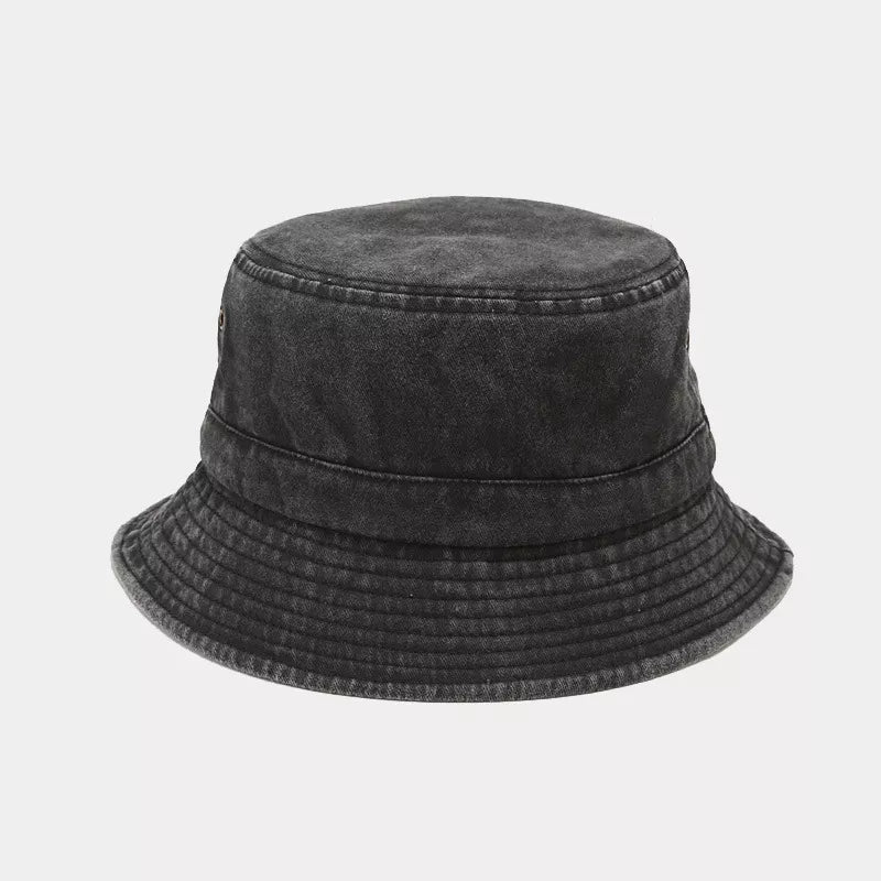 Black washed cotton bucket hat shown from the front