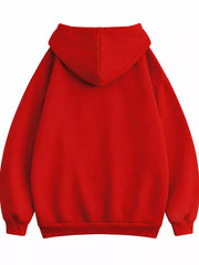 Back view of the red hoodie with oversized hood and plain back
