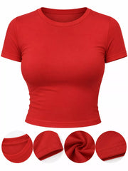 Navy short-sleeve crew neck crop T-shirt worn with light blue jeans.