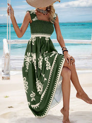 Dark green printed maxi dress with wide straps and smocked top