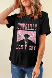 Front view of black graphic tee with pink lettering