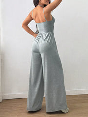 Women's spaghetti-strap wide-leg jumpsuit, light gray back view