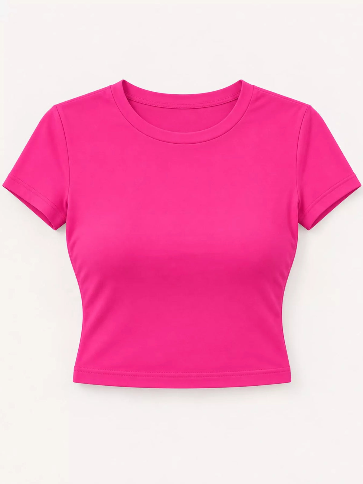 Hot pink short-sleeve cropped crew neck T-shirt, front product view.