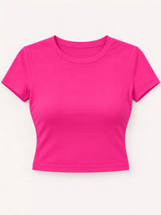 Hot pink short-sleeve cropped crew neck T-shirt, front product view.