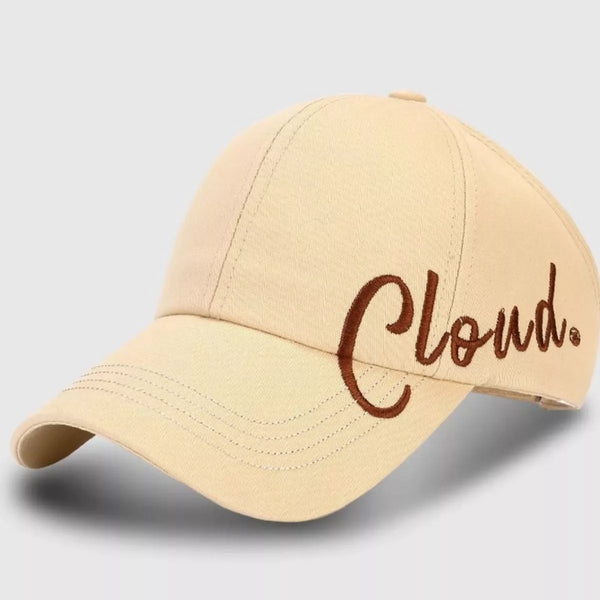 Khaki baseball cap with brown Cloud script embroidery