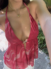 Close-up pink halter cami neckline and front tie