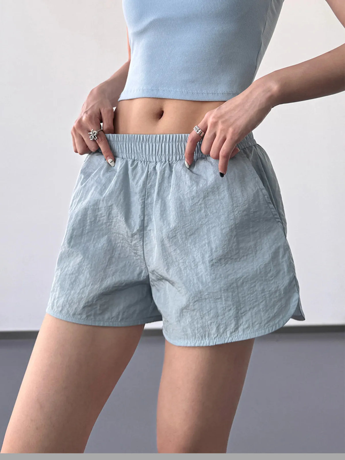 Back view showing fit of elastic waist active shorts
