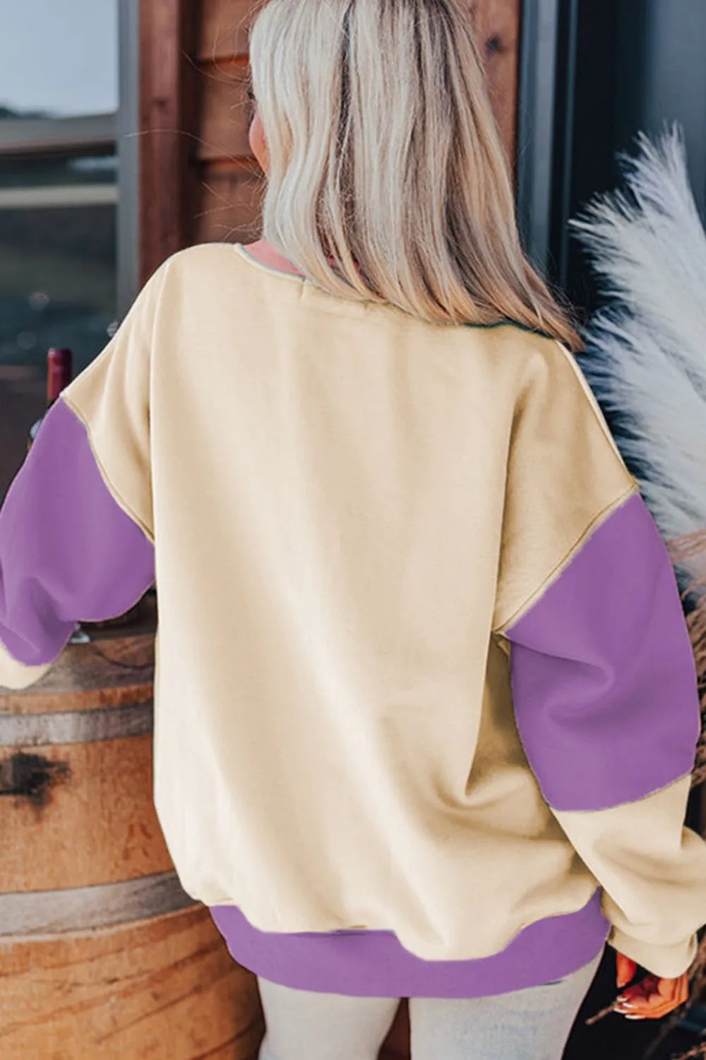 Back view of pastel sweatshirt showing purple sleeves