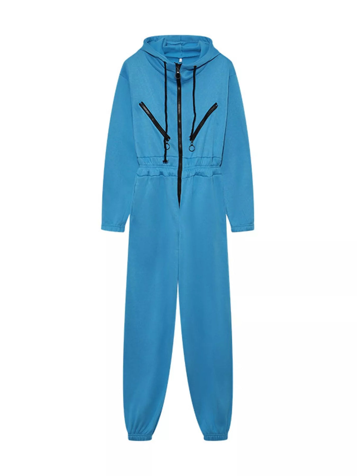 Women's hooded zip-up long-sleeve jumpsuit, blue flat-lay front view