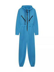 Women's hooded zip-up long-sleeve jumpsuit, blue flat-lay front view