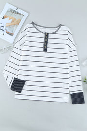 Front product view of white and black striped Henley